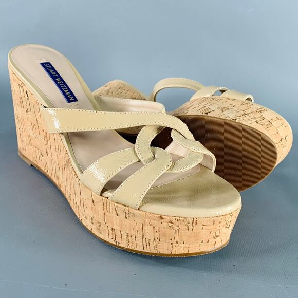 STUART WEITZMAN Size 7 Beige Textured Cork Platform Wedge Sandals - Picture 5 of 8